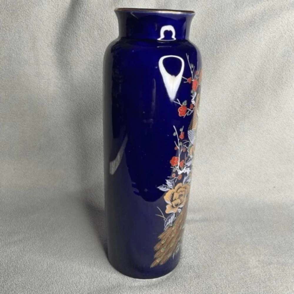 VTG Interpur Cobalt Blue Peacock Oriental Vase 22K Gold Trim Japan‎ 10.5